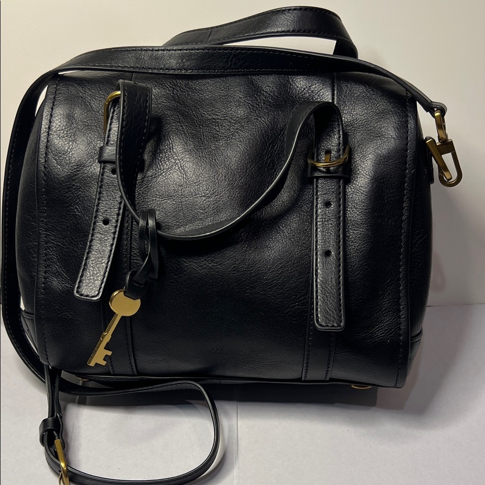 Fossil Black Leather Bag with Gold Key Accent
